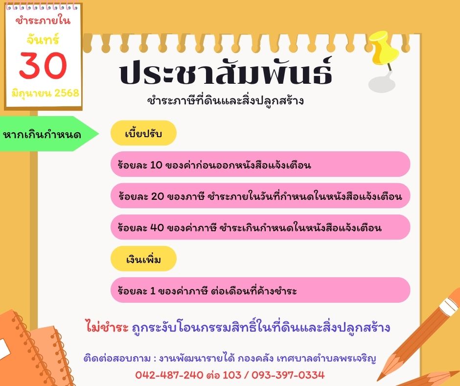 ประชาสัมพันธ์ชำระภาษีที่ดินและสิ่งปลูกสร้าง ประจำปี 2568 ภายในวันที่ 30 มิถุนายน 2568