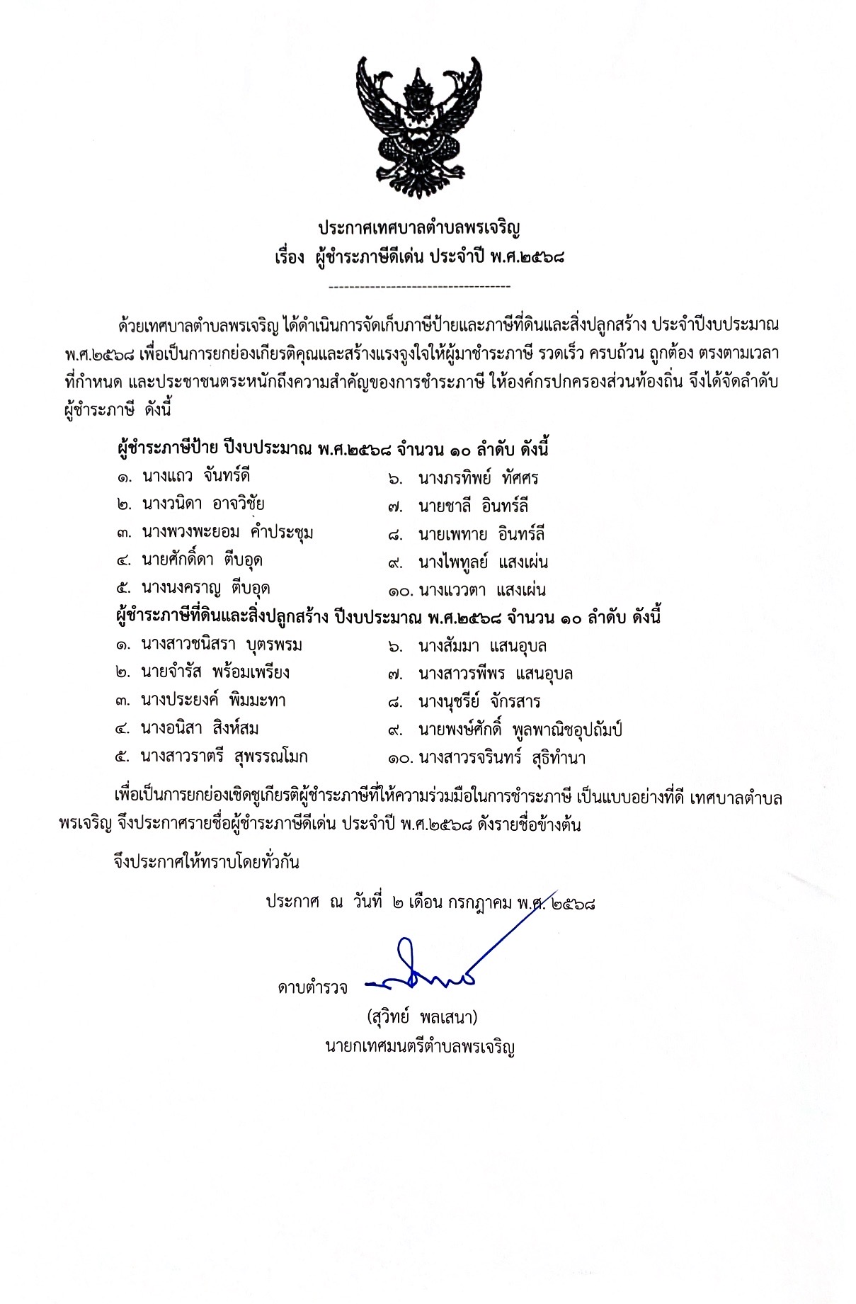 ประกาศรายชื่อผู้ชำระภาษีดีเด่น ประจำปี 2568
